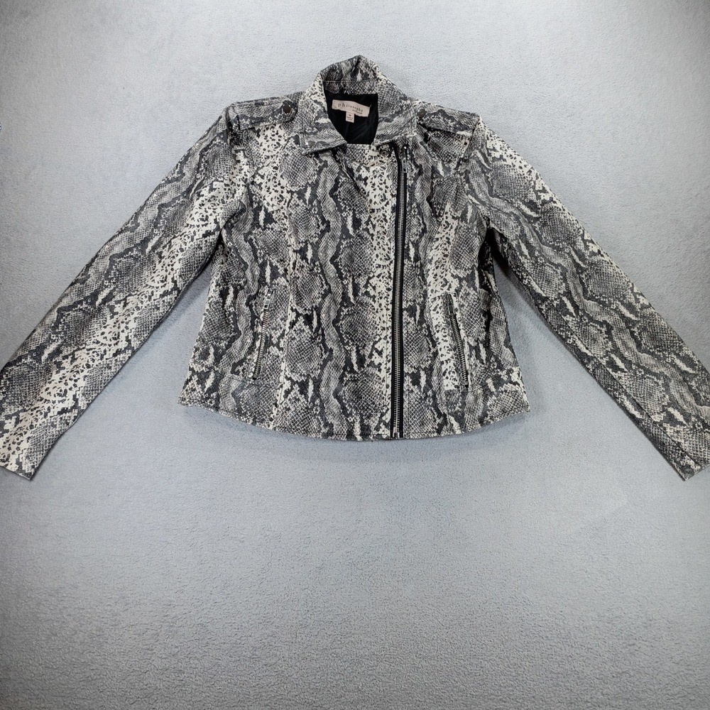 Philosophy Womens Moto Jacket Grey Snakeskin M Faux Leather Asymmetric Zip